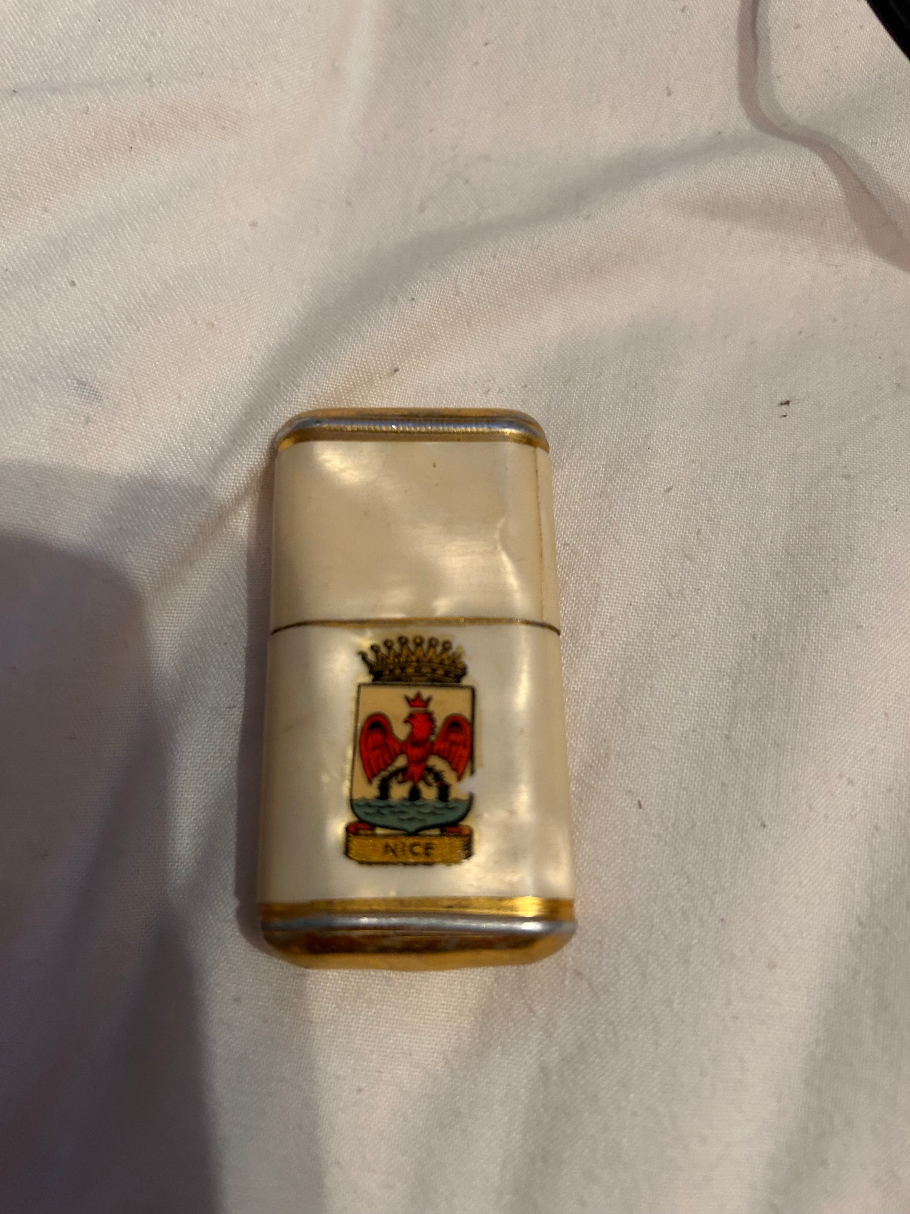 Vintage Nice France Souvenir Petrol Lighter Mother of Pearl Effect Case Heraldic Crest