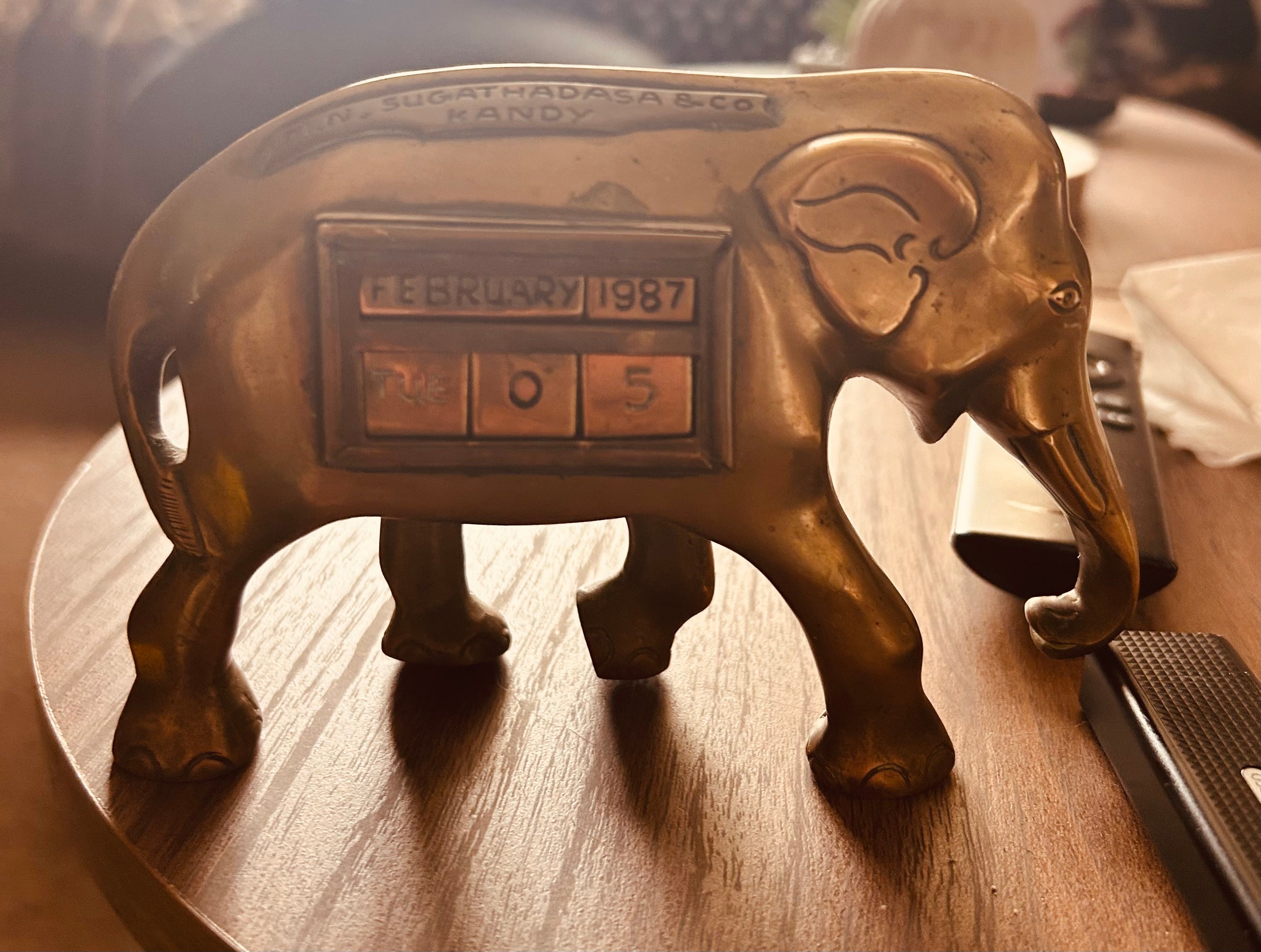 Vintage Brass Elephant Perpetual Desk Calendar M N Sugathadasa Kandy Sri Lanka