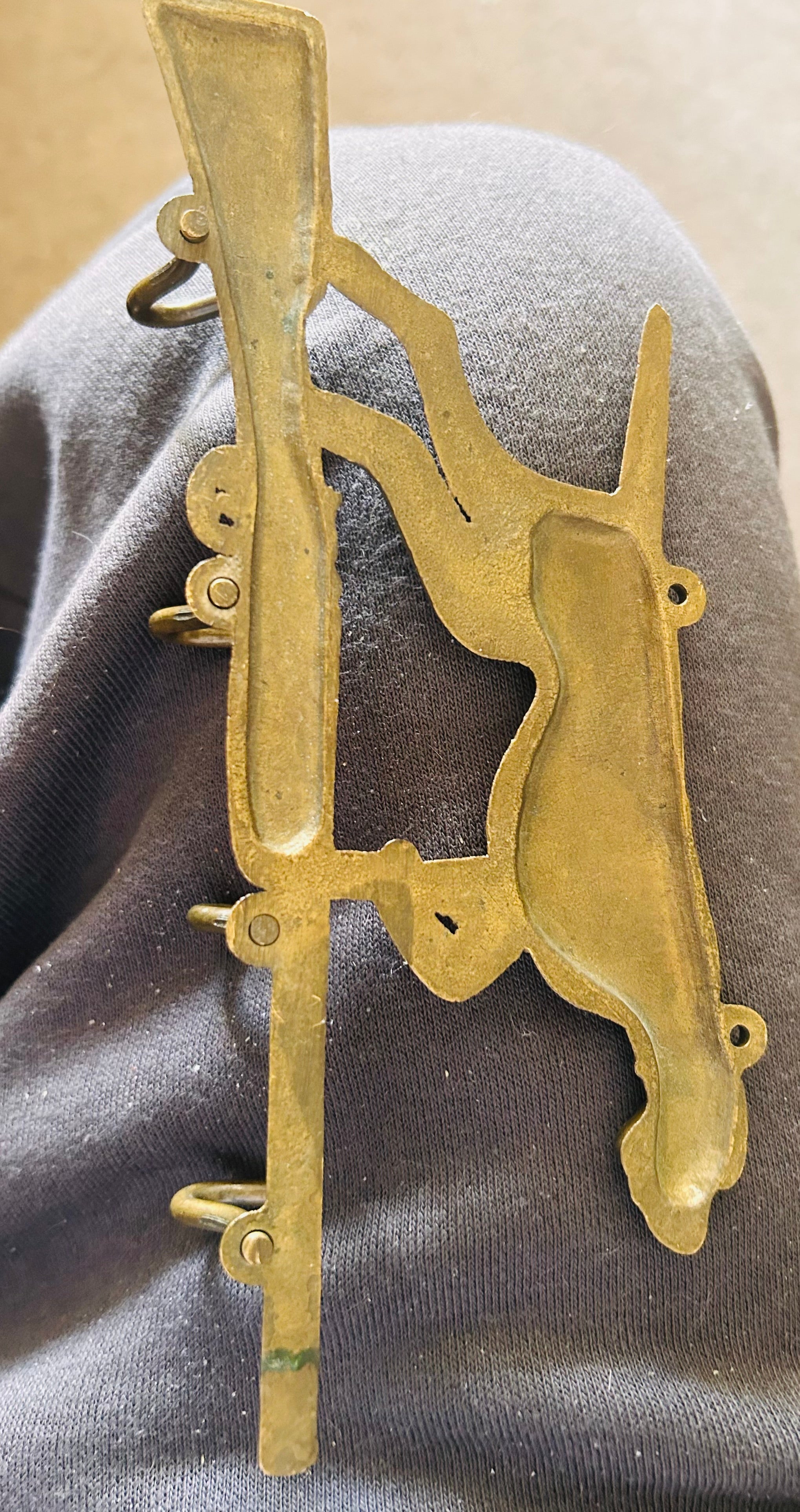 Vintage Brass Hunting Dog & Shotgun Key Rack Wall Hanging