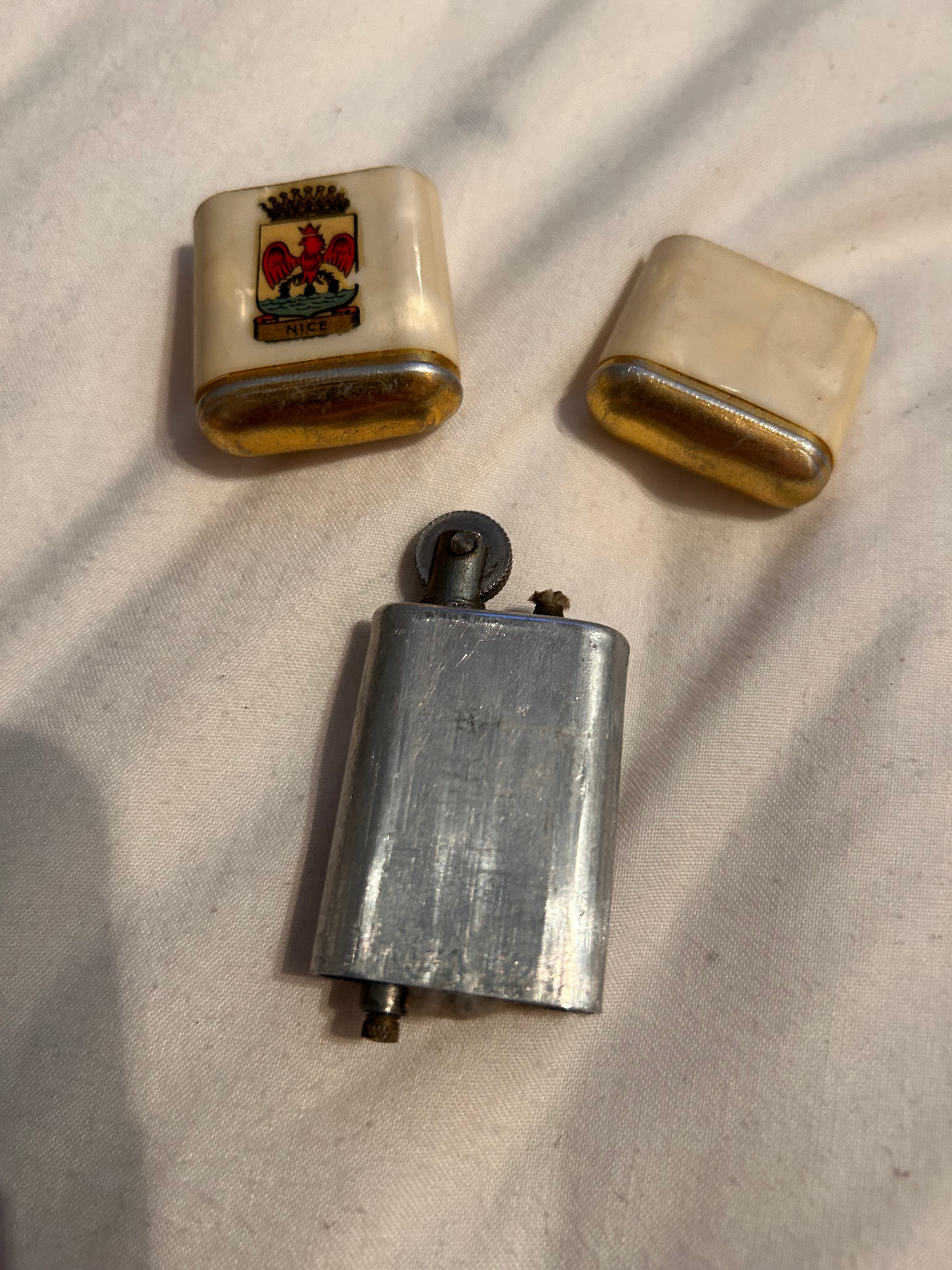 Vintage Nice France Souvenir Petrol Lighter Mother of Pearl Effect Case Heraldic Crest