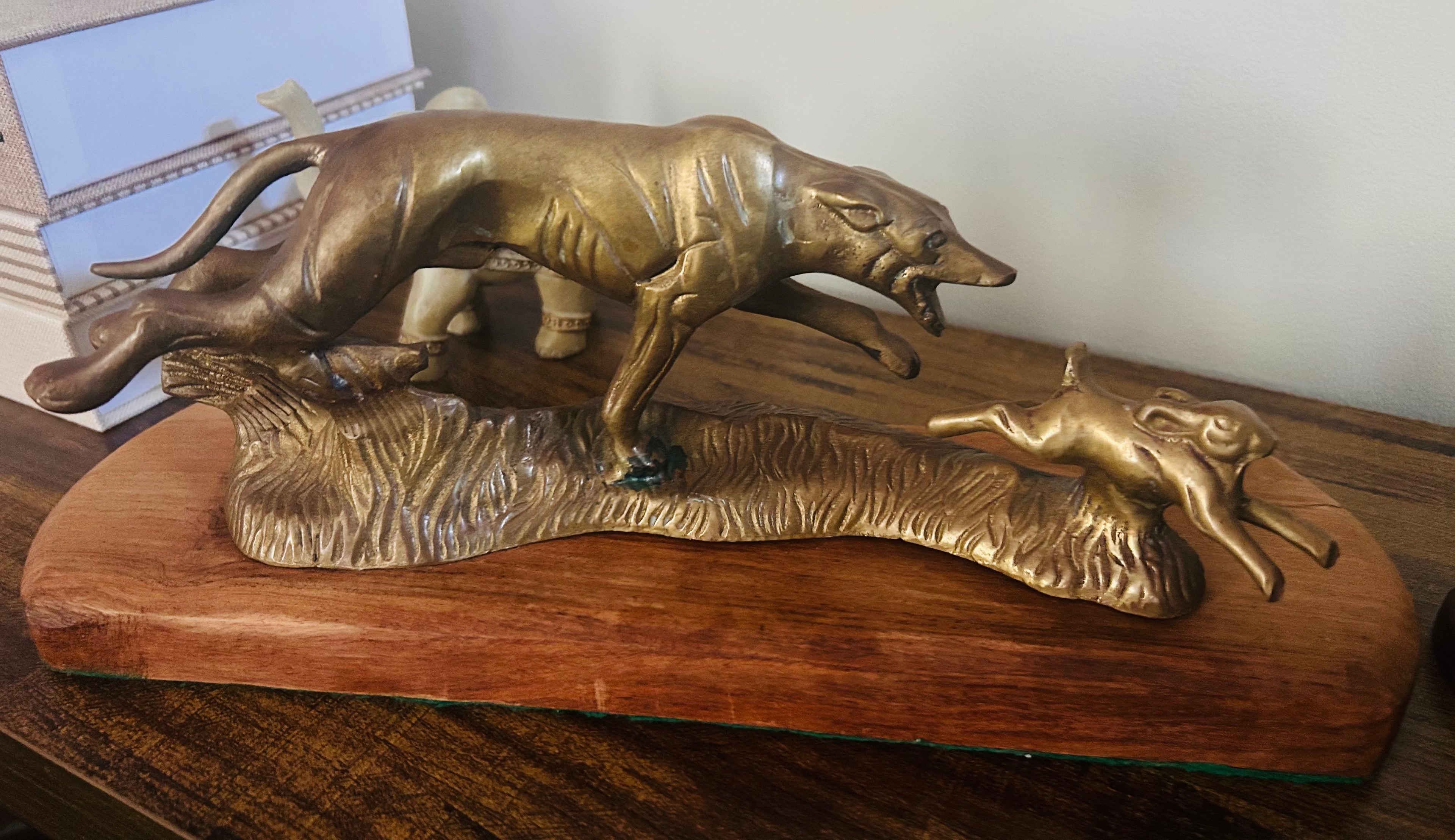 Vintage Brass Greyhound Lurcher Dog Sculpture on Wooden Base Hunting Country Decor