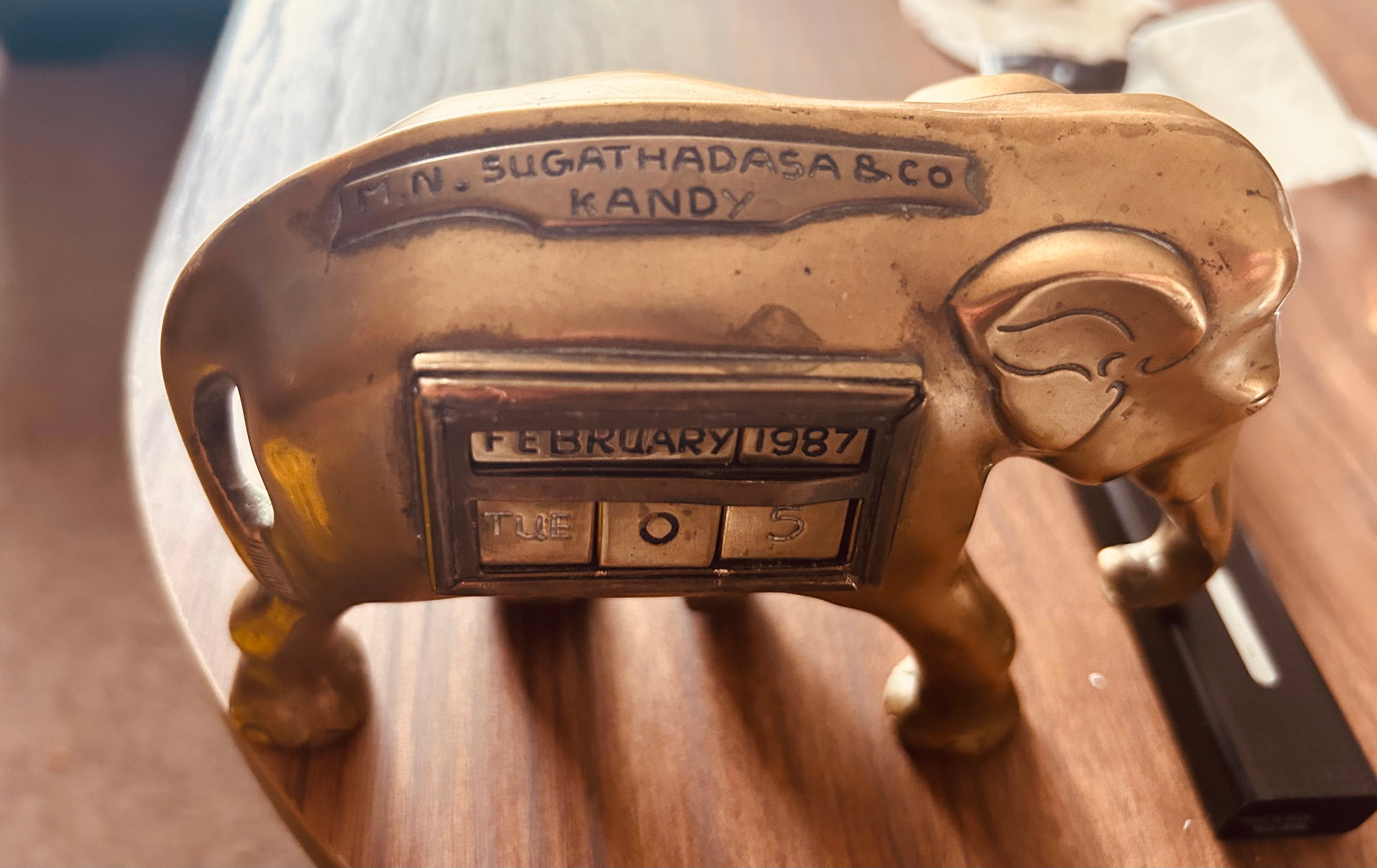 Vintage Brass Elephant Perpetual Desk Calendar M N Sugathadasa Kandy Sri Lanka