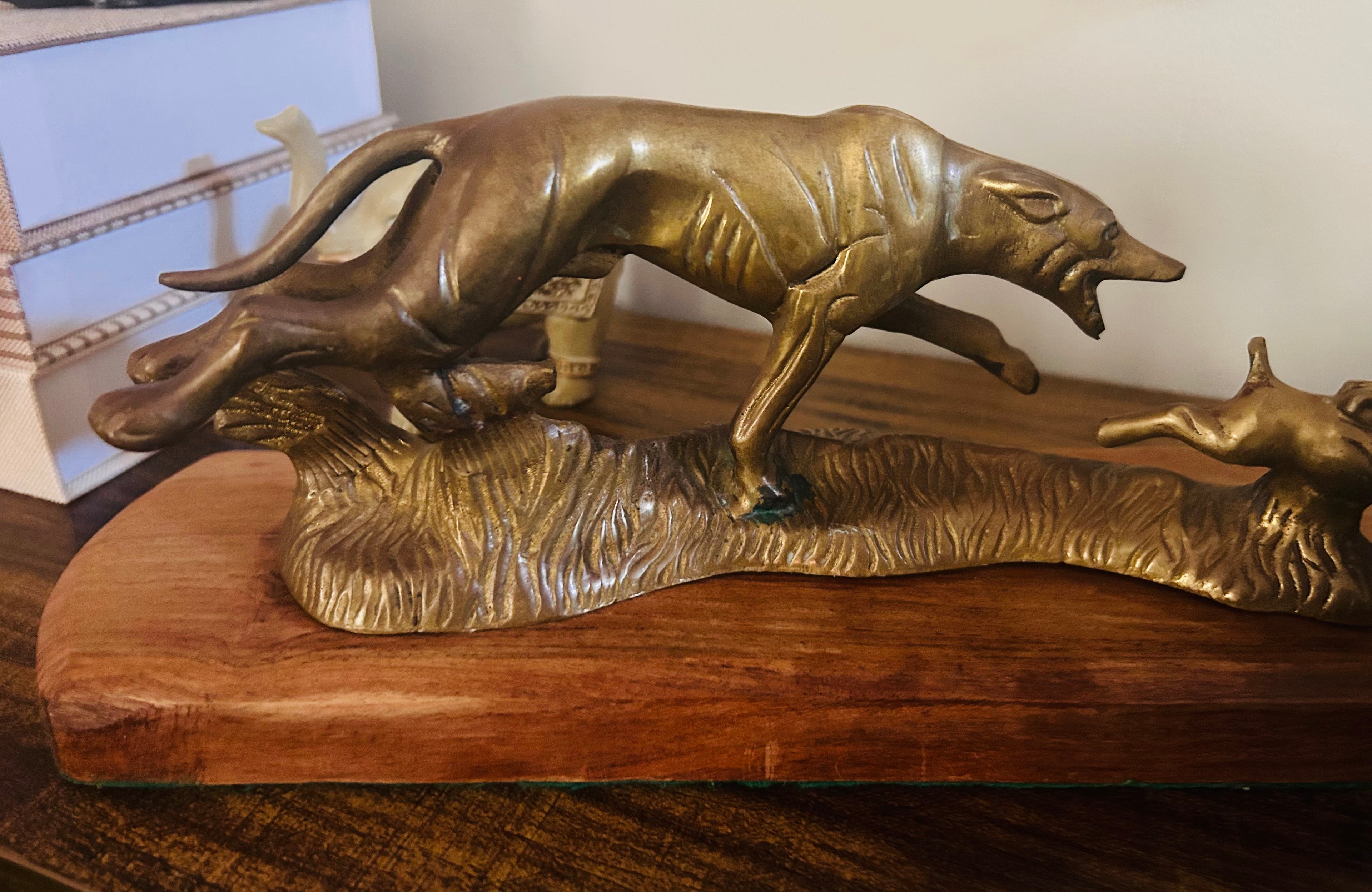 Vintage Brass Greyhound Lurcher Dog Sculpture on Wooden Base Hunting Country Decor