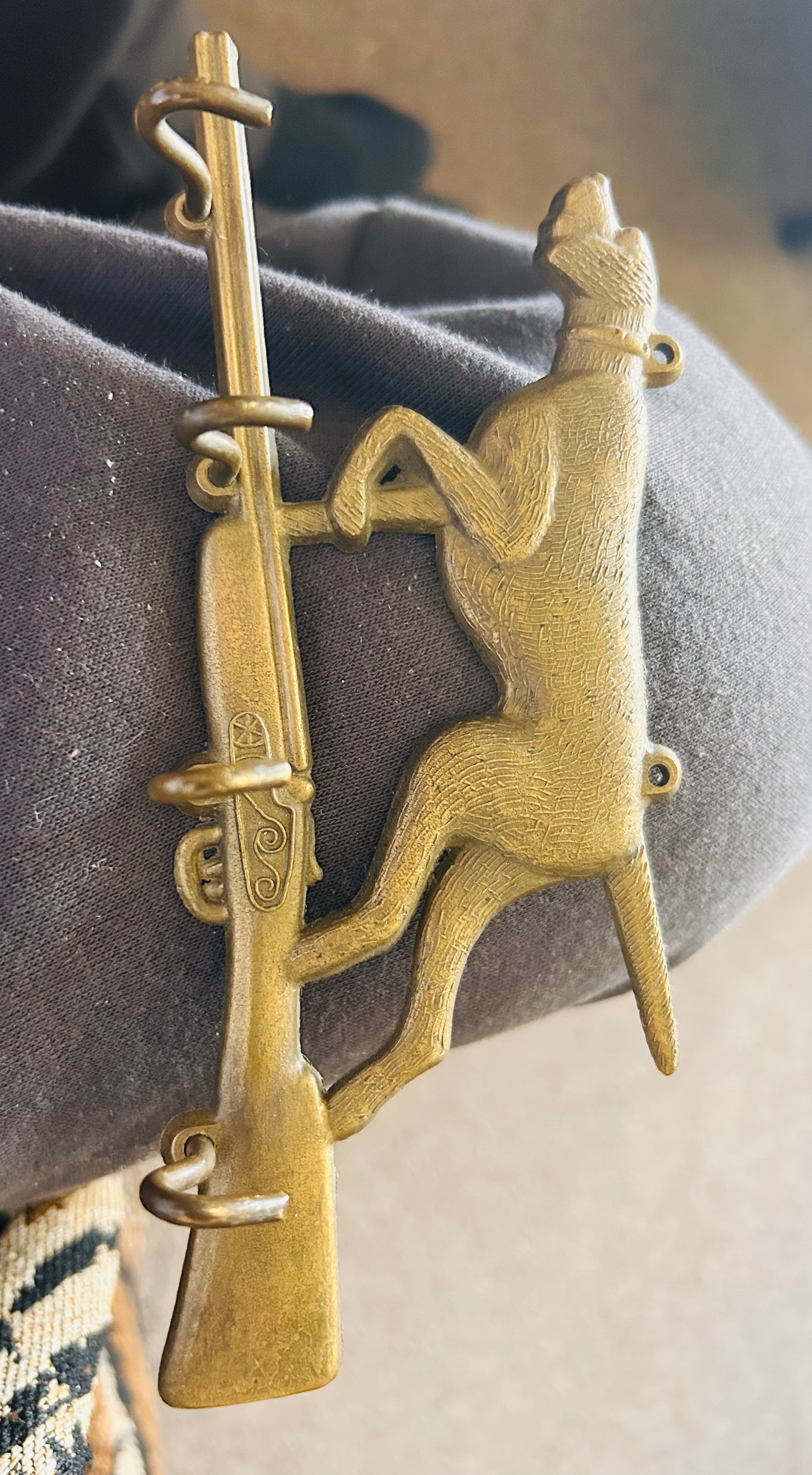 Vintage Brass Hunting Dog & Shotgun Key Rack Wall Hanging