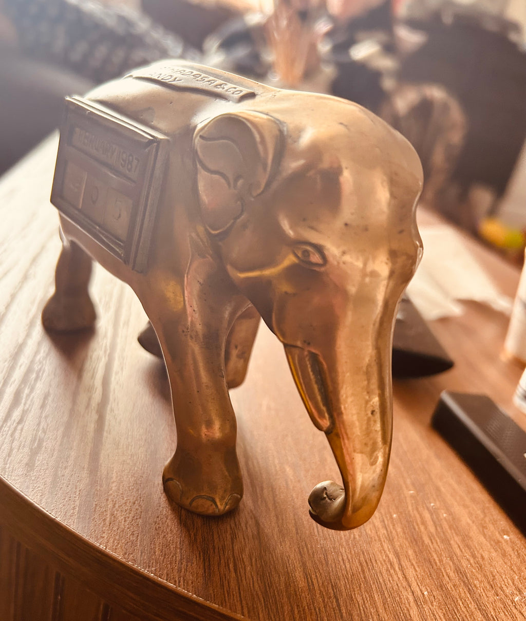 Vintage Brass Elephant Perpetual Desk Calendar M N Sugathadasa Kandy Sri Lanka