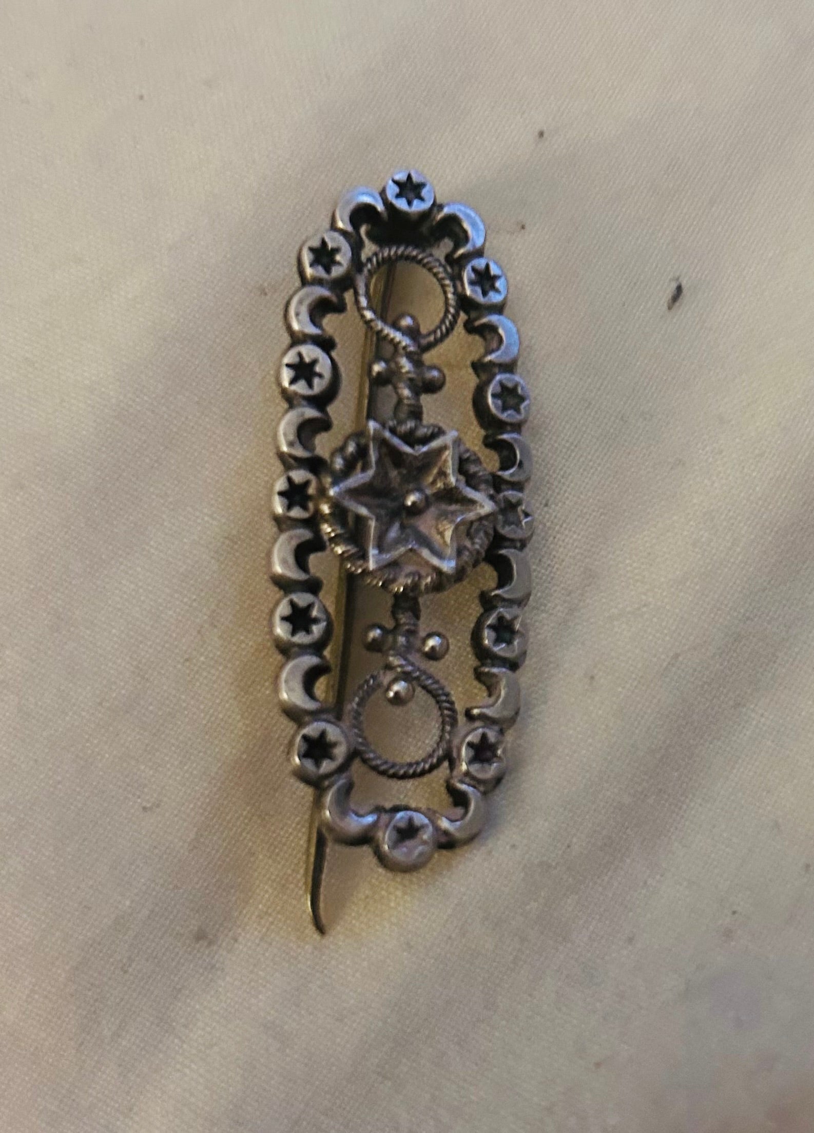 Antique Sterling Silver Celestial Star & Crescent Moon Brooch Fully Hallmarked