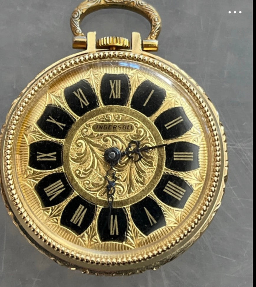 Vintage Ingersoll Swiss Made Mechanical Pendant Fob Watch 1970s Ornate Gilt Roman Numerals