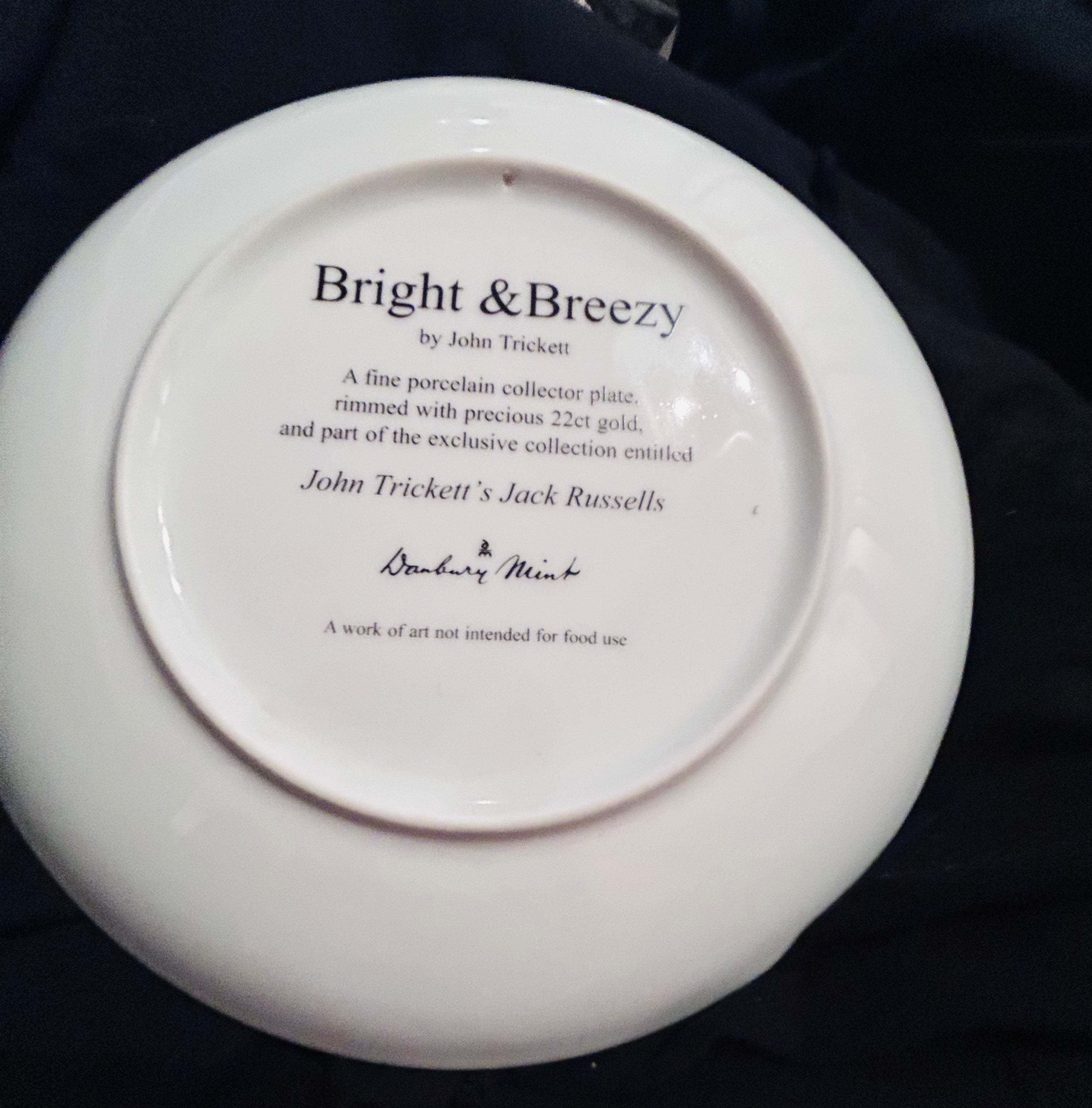 Danbury Mint Bright and Breezy John Trickett Jack Russell Porcelain Collector Plate 22ct Gold