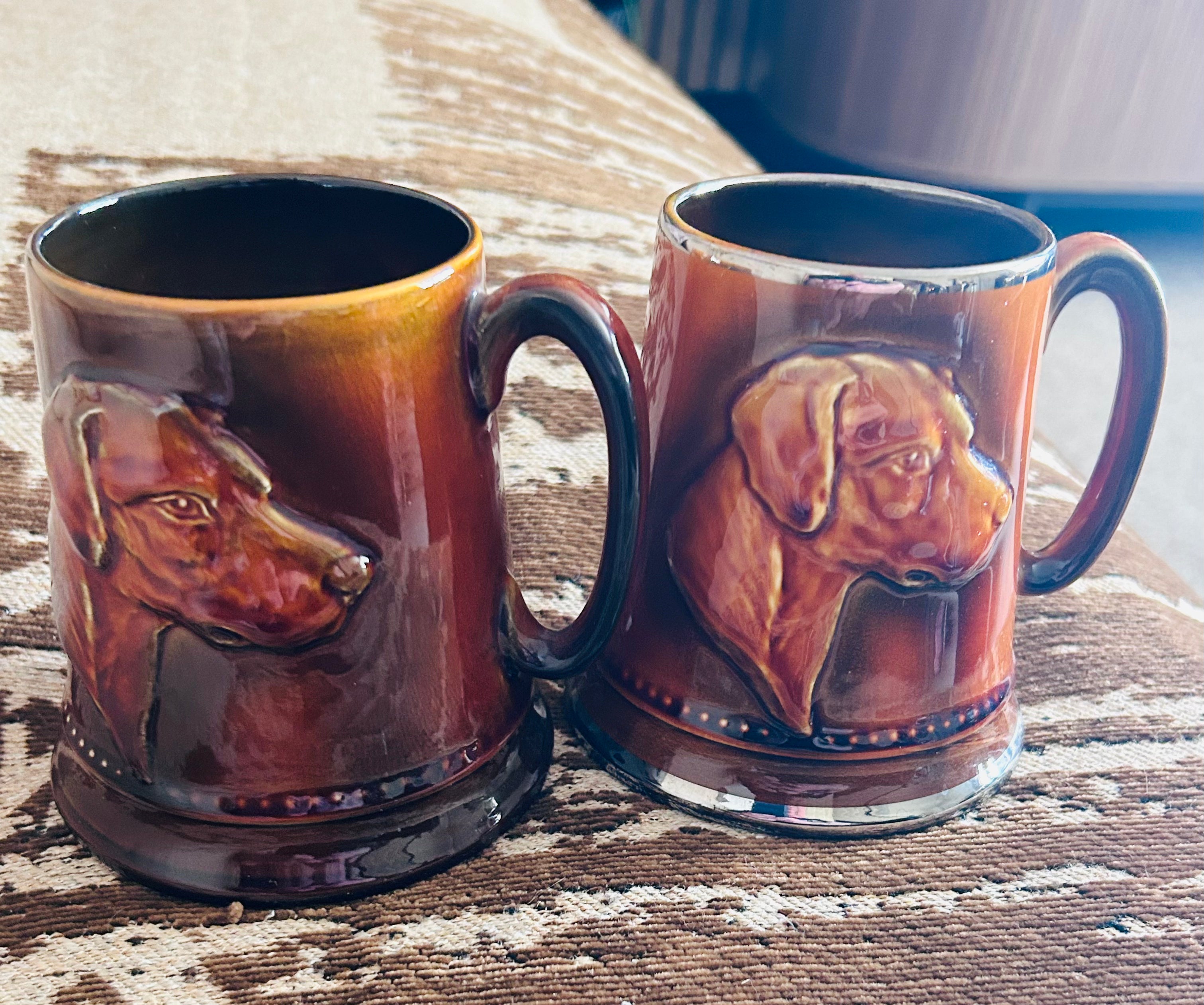 Vintage Sylvac 2375 Hunting Hound Tankards Matching Pair Fox Hunt Dog Mugs England