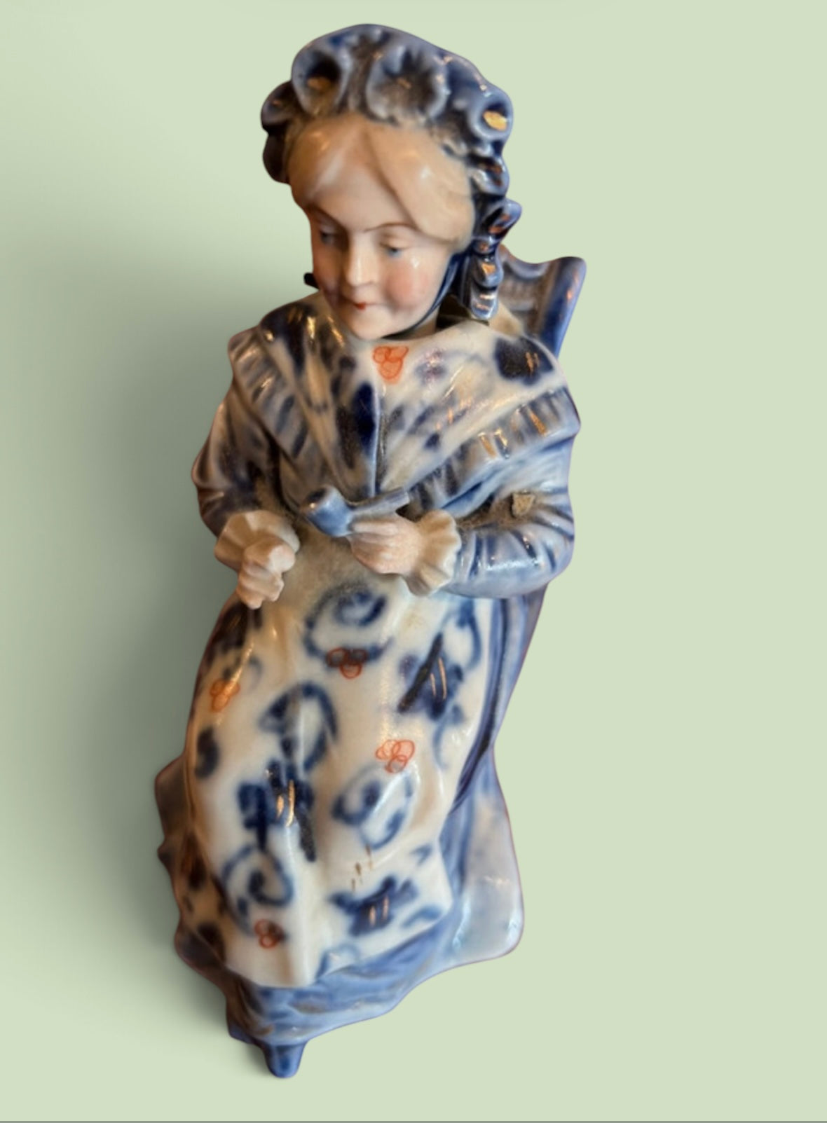 Vintage Porcelain Pipe Smoking Lady Figurine Detachable Head Stopper 7614 K