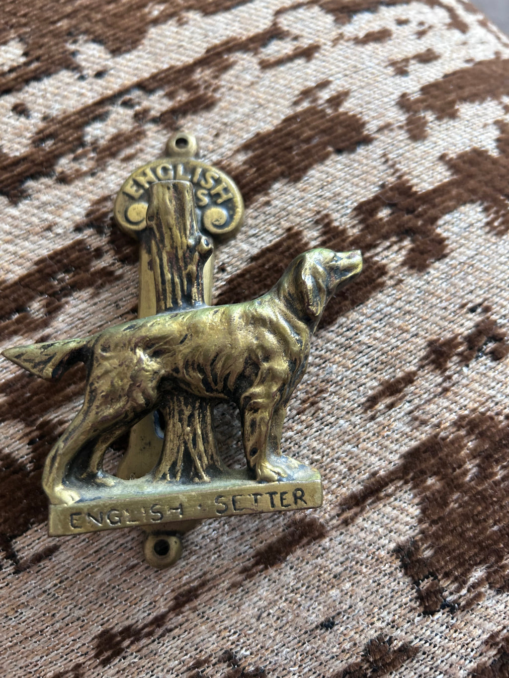 A striking vintage brass door knocker featuring a beautifully detailed English Setter hunting dog design, 1922-1930