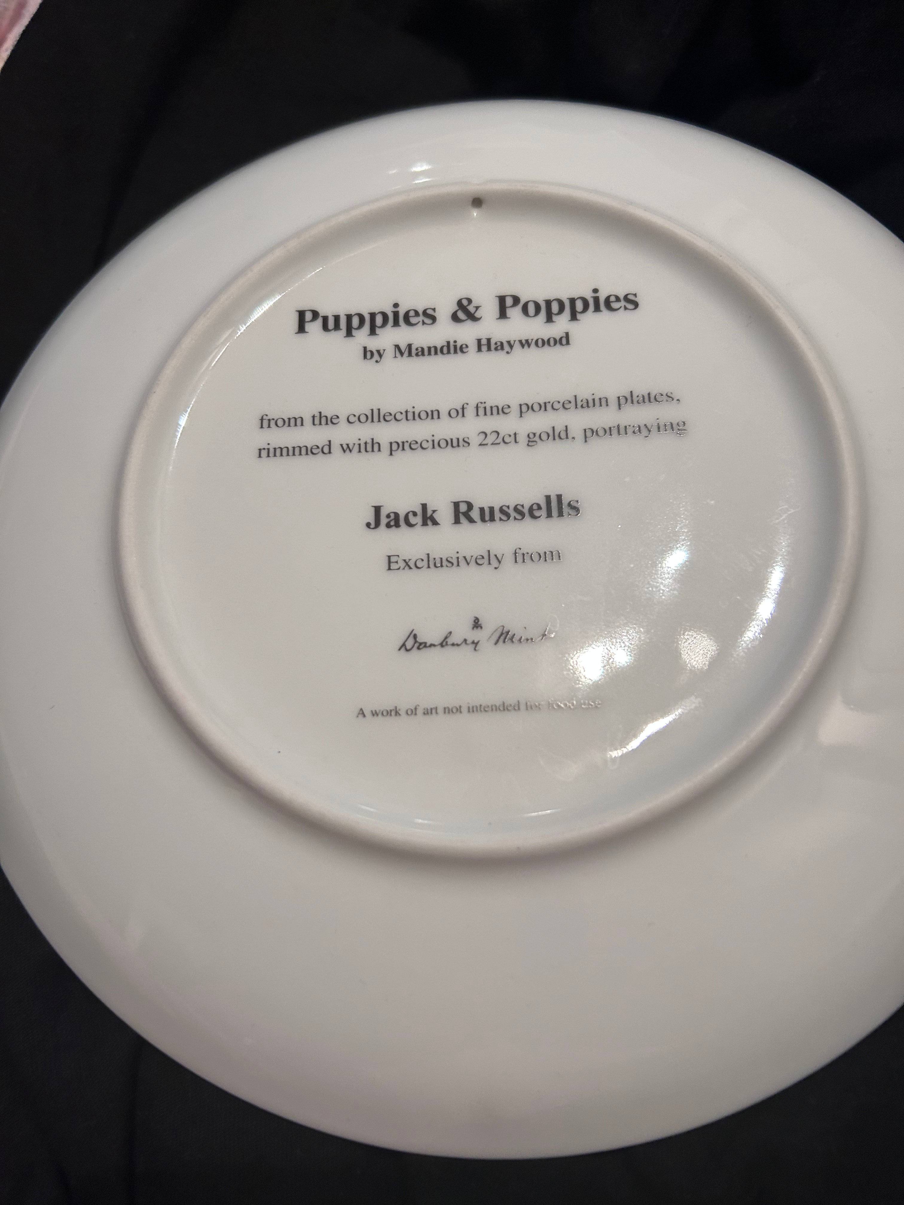 Danbury Mint Puppies & Poppies Mandie Haywood Jack Russell Porcelain Plate 22ct Gold