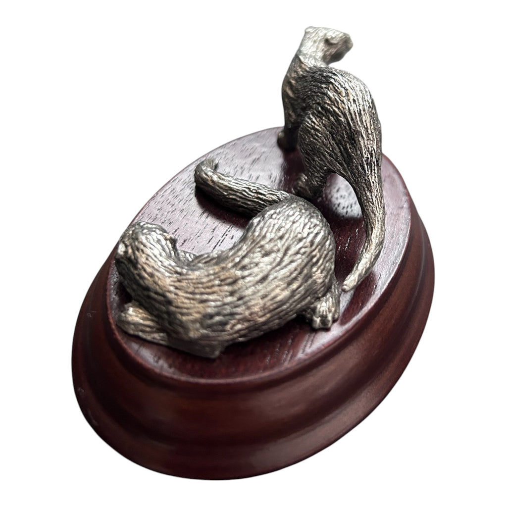 Vintage Merlin Fine Arts Pewter Otters Figurine on Wooden Base British Wildlife