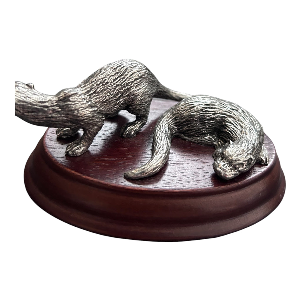 Vintage Merlin Fine Arts Pewter Otters Figurine on Wooden Base British Wildlife