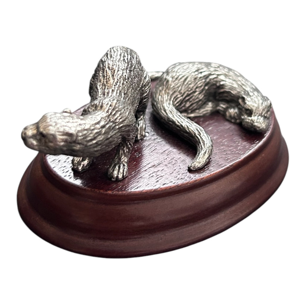 Vintage Merlin Fine Arts Pewter Otters Figurine on Wooden Base British Wildlife
