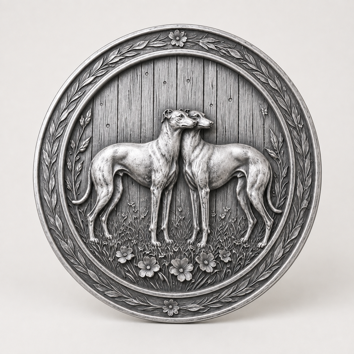 Vintage Style Aluminium Greyhound Dog Wall Plaque Round Country Home Decor