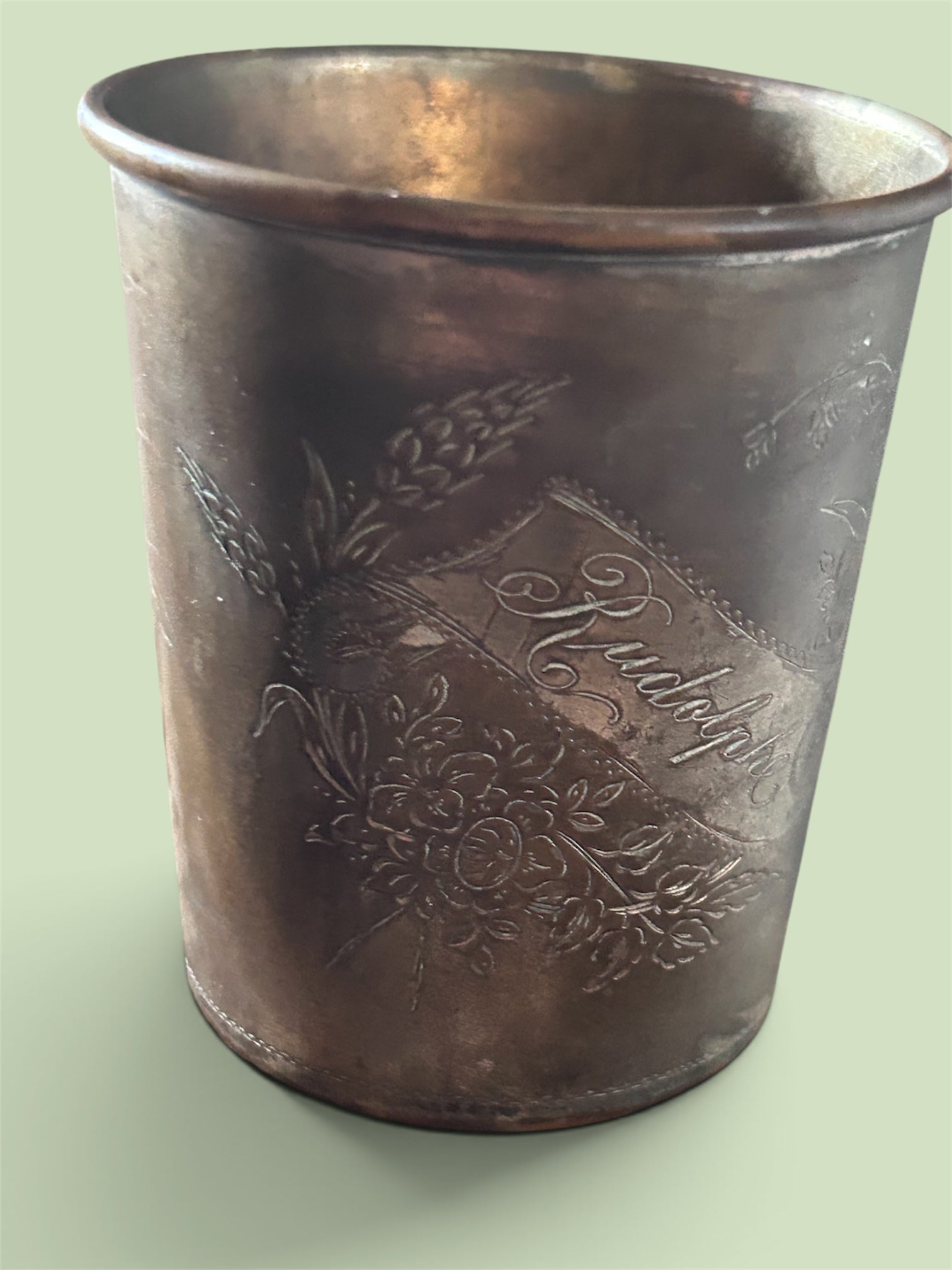 Antique Rudolphe Engraved Silver Plated Copper Beaker Floral Victorian Edwardian Cup