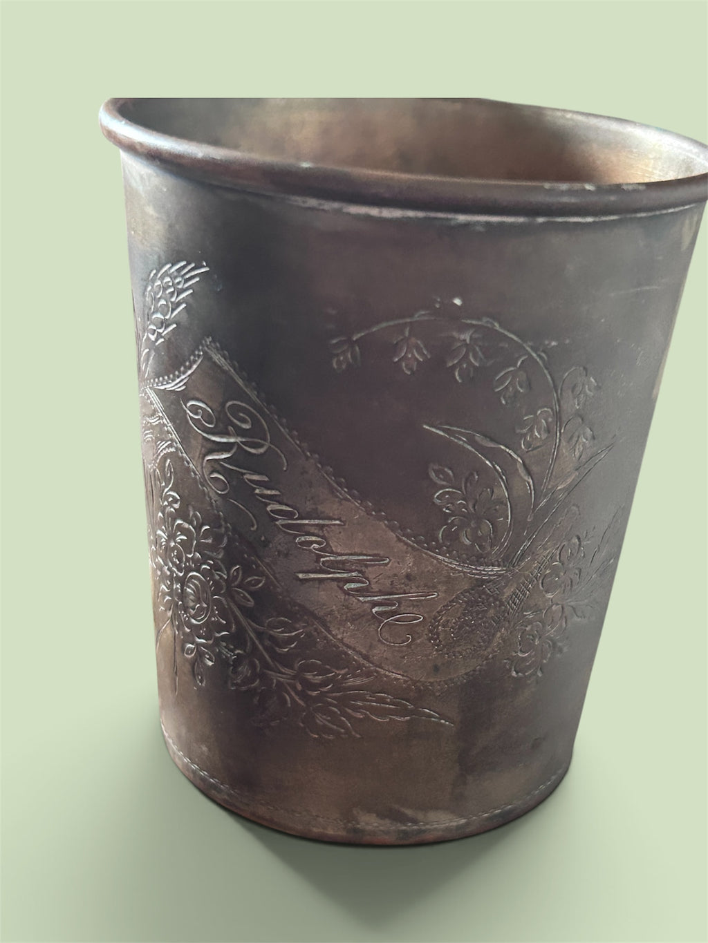 Antique Rudolphe Engraved Silver Plated Copper Beaker Floral Victorian Edwardian Cup