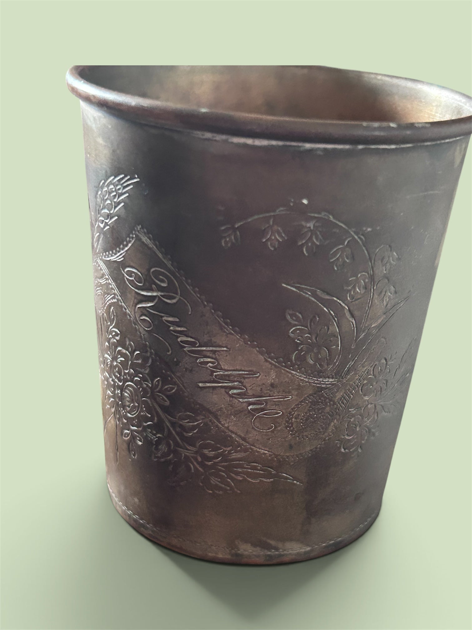 Antique Rudolphe Engraved Silver Plated Copper Beaker Floral Victorian Edwardian Cup