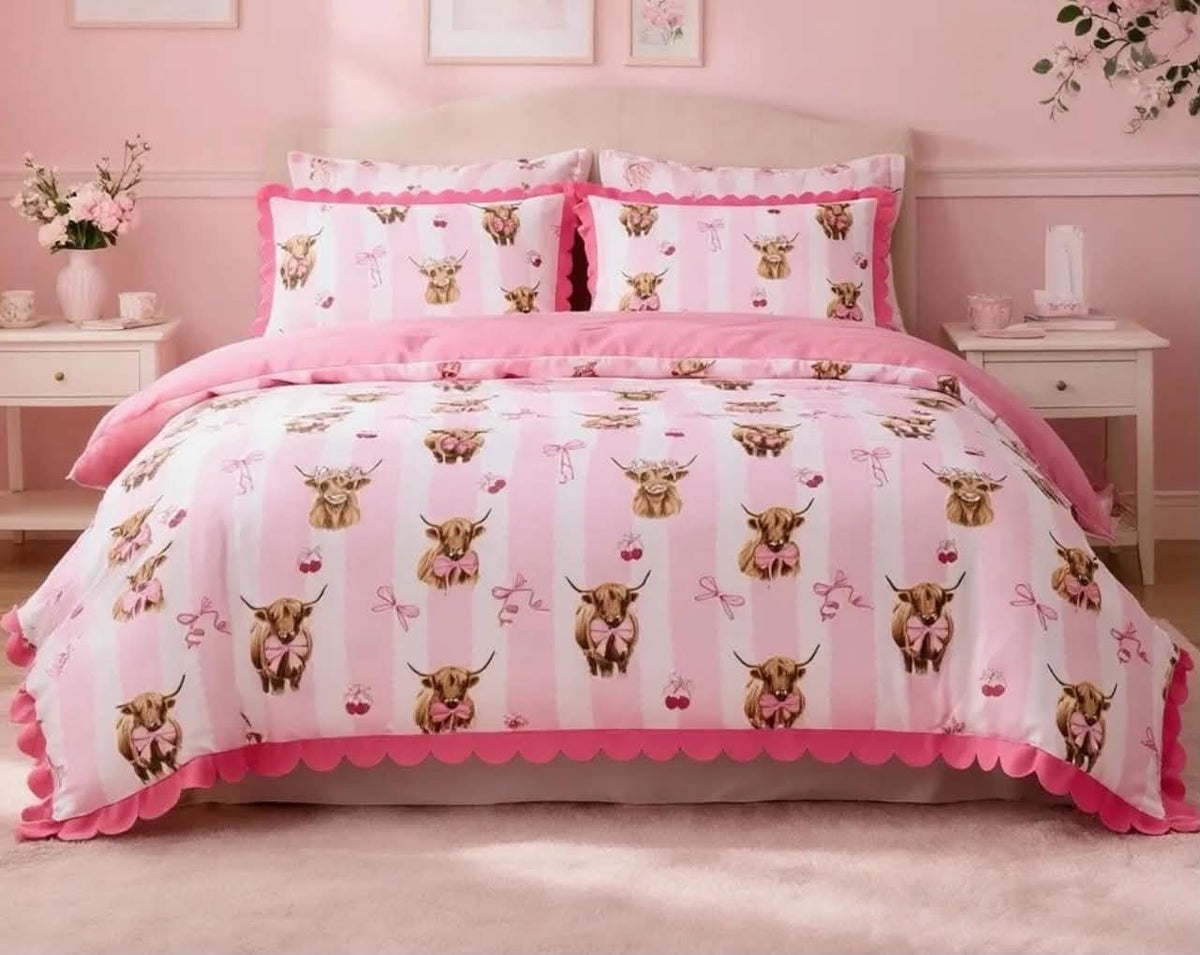 Pink Highland Cow Duvet Cover Set – Reversible Country Farmhouse Bedding Double