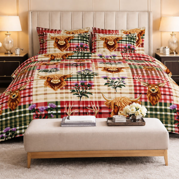 Highland Cow & Stag Tartan Duvet Cover Bedding Set Scottish Country Design